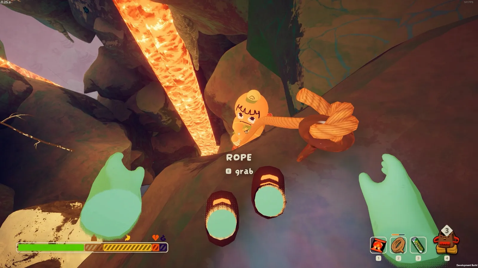 Climbing a rope past lava inside the Kiln