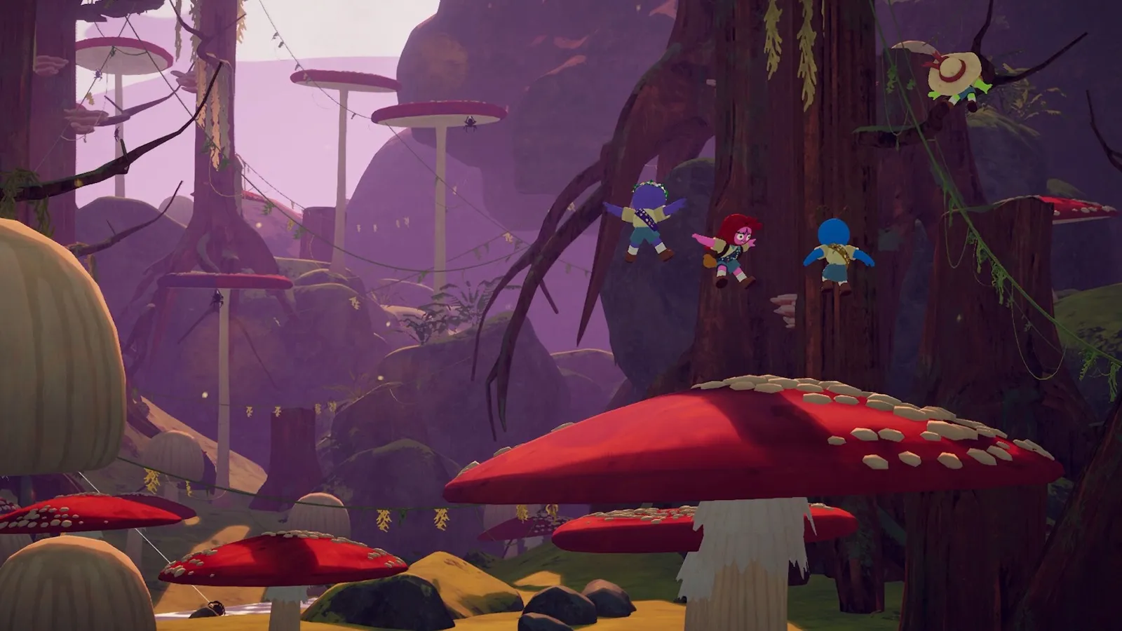 Glowing mushrooms and pink spore clouds in the forest
